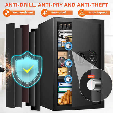 Beefy Extra Large Home Safe With Digital Keypad 5 Cu Ft Capacity showing open door, interior shelves, and lock details