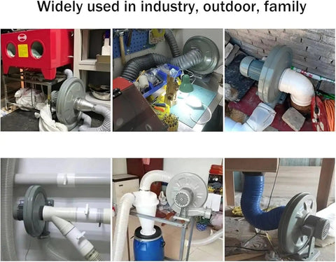 Heavy Duty Wood Chip Dust Extractor And Quiet Utility Blower For Active Workshops, showcasing different setups and connections.