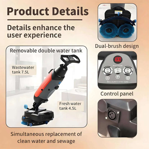 Cordless Electric Floor Scrubber 36V 10.5Ah Heavy Duty Industrial Scrubber with dual tanks, control panel, and brush design