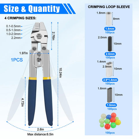 Heavy Duty Fishing Crimping Pliers Kit with crimp tool dimensions and sleeve sizes for saltwater and freshwater tackle