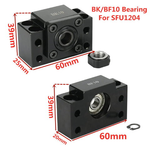 BK10 BF10 end supports for Beefed Up Ball Screw SFU1204 250mm Length 12mm Diameter 4mm Pitch Kit showing dimensions.