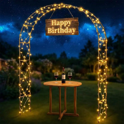 Rust-Resistant Galvanized Metal Garden Arch Trellis, 4.6 Ft Wide By 7.6 Ft Tall, Heavy-Duty Outdoor Arbor with lights and birthday sign