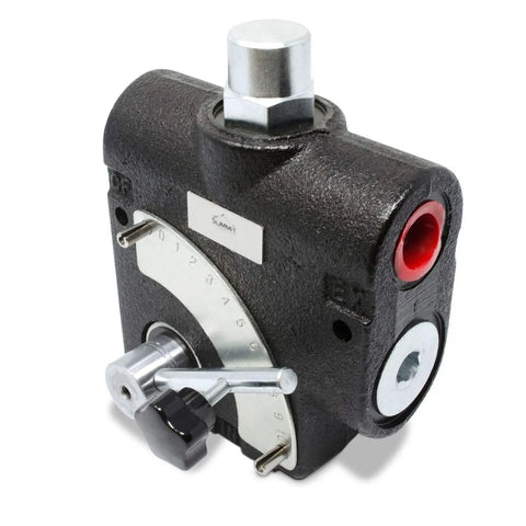 Hydraulic Adjustable Flow Control Valve With Relief, 0 To 30 GPM, 12 SAE Port, Cast Iron Body, Buna N O Ring Seals, Max 3000 PSI, Lets You Start Or Stop A Hydraulic Motor Or Cylinder With Precise, Variable Flow Great For Heavy Equipment