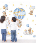 Blue Hot Air Balloon Wall Stickers With Cute Cartoon Bear And Rabbit, Stars And Planets Peel And Stick Decals For Nursery and Kids Room