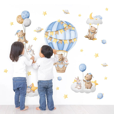 Blue Hot Air Balloon Wall Stickers With Cute Cartoon Bear And Rabbit, Stars And Planets Peel And Stick Decals For Nursery and Kids Room