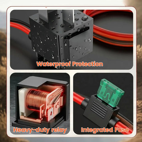 Electric Fuel Pump Relay Kit 40 Amp Waterproof Tough As Nails Relay Wiring Harness With Nylon Wire Loom And Long Wires Universal Fit For 12V Cars Trucks SUVs, waterproof relay and fuse close-up
