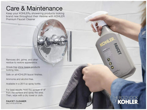 Person cleaning faucet with KOHLER Premium Faucet Cleaner for maintenance.
