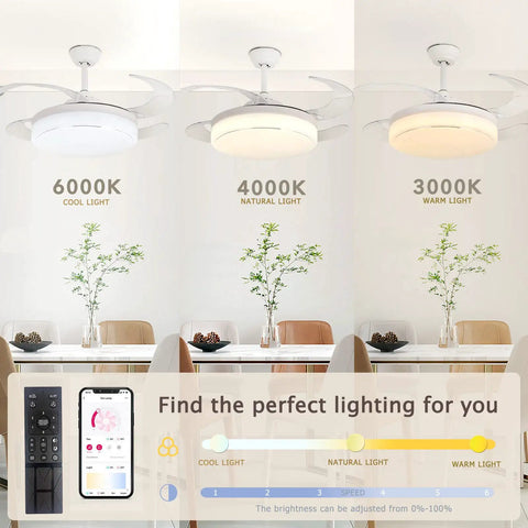 42 Inch Retractable Ceiling Fan With Remote And LED Light Modern White Enclosed Ceiling Fan displayed with light color options.