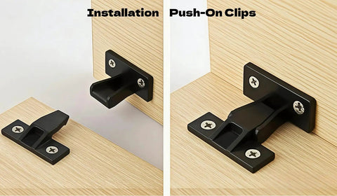 Top Shelf Invisible Panel Connectors With Forty M4 Stainless Steel Screws For Cabinets Drawers And Furniture Set Up Rock Solid ABS Plastic Hidden Fasteners Push-On Clips Installation View.