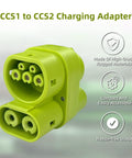 Road Ready Ccs1 To Ccs2 Active Adapter For Euro Electric Cars SAE J1772 To IEC62196 Type 1 To Type 2, compact green charging connector.