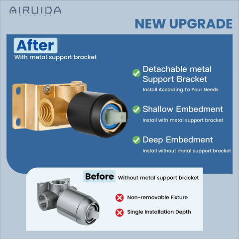 Round Single Function Shower Valve Trim Kit Wall Mount Brass Faucet Rough In Valve For Tub And Shower With Female One Half Inch NPT Threads Slick Matte Black Finish Single Handle Easy Upgrade For Modern Bathrooms with metal support bracket shown.