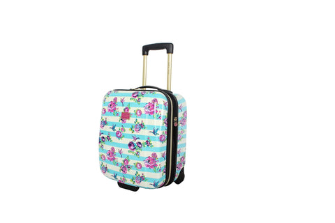 Designer Underseat Luggage For Women, 15 Inch Hardside Carry On With Two Rolling Wheels, Stripe Floral Hummingbird Pattern