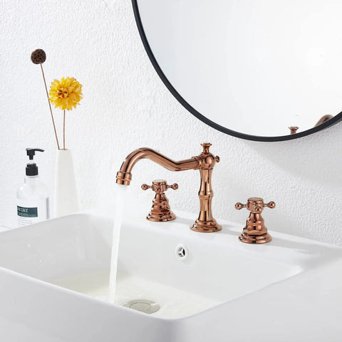 Check Out This Sweet Copper Two Handle Widespread Bathroom Faucet Fits 8 To 16 Inch Spread With Brass Body And Comes With Metal Pop Up Drain Overflow For Spot On Volume And Temp Adjustments installed on white sink