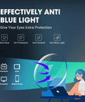 Effectively anti-blue light graphic with icons showing TV, computer, and mobile devices for eye protection with All Day Anti Fog Safety Glasses.