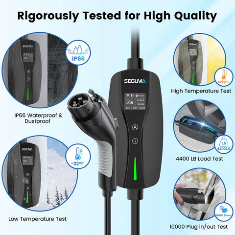Plug In Your Ride With This Solid Level 1 And 2 Ev Charger Featuring WiFi App Control ETL Certified For All J1772 Bev And Phev 16 Amp Home Wall Mount Safe And Secure image showing IP66 waterproof rating and features.