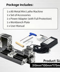 Mini Benchtop Wood Lathe Machine 20000 RPM Precision Turning Tool For STEM Education And DIY Crafts with accessories and power adapter.