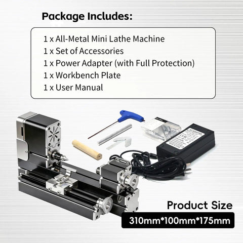Mini Benchtop Wood Lathe Machine 20000 RPM Precision Turning Tool For STEM Education And DIY Crafts with accessories and power adapter.