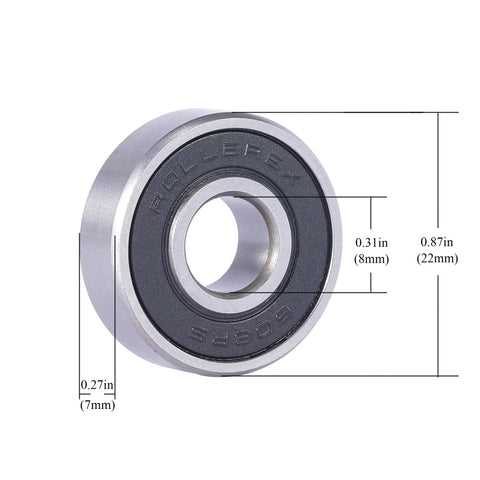 Rollerex 608-2RS skate bearing, carbon steel, 8mm ID, 22mm OD, 7mm thick, pre-lubricated