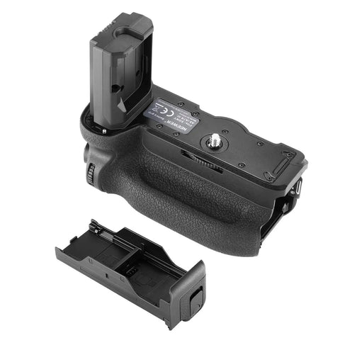 Vertical Battery Grip For Sony A9 A7III A7RIII Replacement Handle For VG C3EM Pro Grade Ergonomic Grip With AF On And AE L Buttons Front And Rear Wheels One Quarter Inch Tripod Mount Battery Not Included, showing detached battery compartment and grip texture.