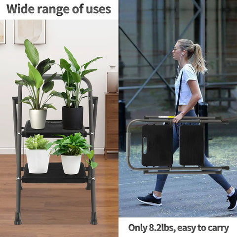 Two Step Folding Ladder With Non Slip Wide Pedal And Rubber Feet displayed with plants, carried by a woman, showcasing portability.