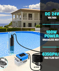 Cordless Water Transfer Pump For 24V Battery Pack, 635 Gph High Output Submersible Sump Pump in pool setting, displaying size and specs.