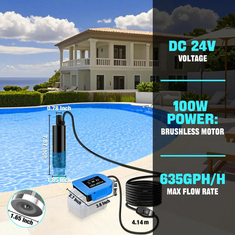 Real Deal 635 GPH Submersible Water Pump For Kobalt 24V Battery Cordless Drain Pump 100W Motor in poolside setting.