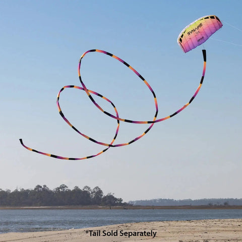 Synapse 140 Dual Line Parafoil Kite For Beginners And Modern Flyers soaring in the sky by the beach with colorful tail