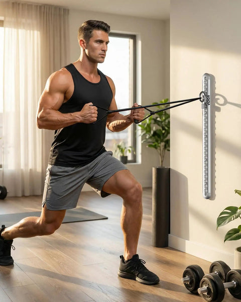 Man using Built Like A Tank Wall Mount Resistance Band Anchor Rack in home gym for full body workout.