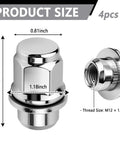 Close-up of 4 Piece M12x1.5 Lug Nuts Set Chrome Plated Steel Wheel Locks With Washer Replacement showing product size and dimensions.