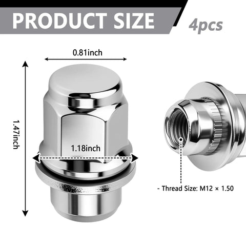Close-up of 4 Piece M12x1.5 Lug Nuts Set Chrome Plated Steel Wheel Locks With Washer Replacement showing product size and dimensions.