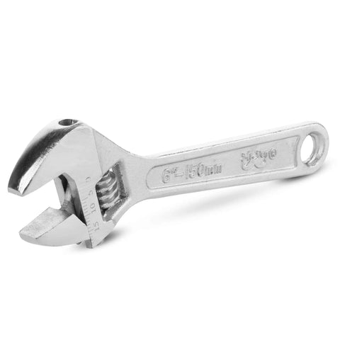 Six Inch Adjustable Wrench With Hex Jaw Opens To Three Quarter Inch SAE And Metric Sizes Etched For Quick Fastener Identification