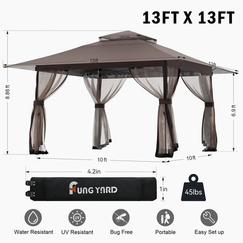 13x13 Outdoor Gazebo With Mosquito Netting And Double Roof Pop Up Canopy Tent On Wheels With Wheeled Carry Bag For Backyard
