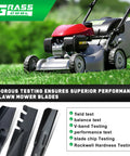 Lawn mower in grass with inset of Beefed-Up Mower Blades For Troy-Bilt 21 Inch Deck Lawn Tractors And Walk Behind Mowers TB110 TB130