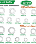 Assorted stainless steel flat and lock washers kit; 9 sizes (M2–M12), 1147 pcs, Amazon.