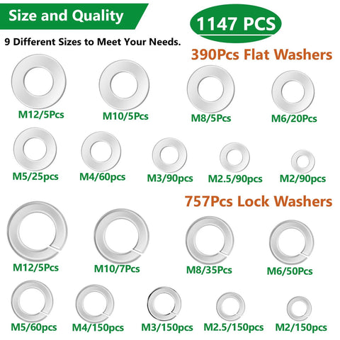 Assorted stainless steel flat and lock washers kit; 9 sizes (M2–M12), 1147 pcs, Amazon.