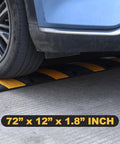 Car driving over Heavy Duty Rubber Speed Bump 6 Foot Ramp With Integrated Cable Cover 72 Inch Long One Piece Installation Kit