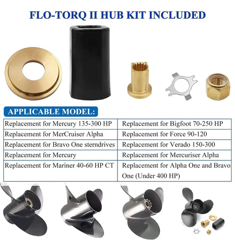 Flo Torq II Hub Kit for Mercury Outboard Propeller 40 to 300 HP Verado MerCruiser Alpha One Bravo One 15 Spline 1 Inch Shaft Compatible 835257Q1 835257K1