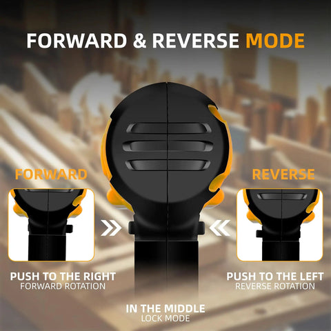 Funnywhale Cordless Electric Rivet Gun Fits Dewalt 20V Max control panel showing forward and reverse mode settings.