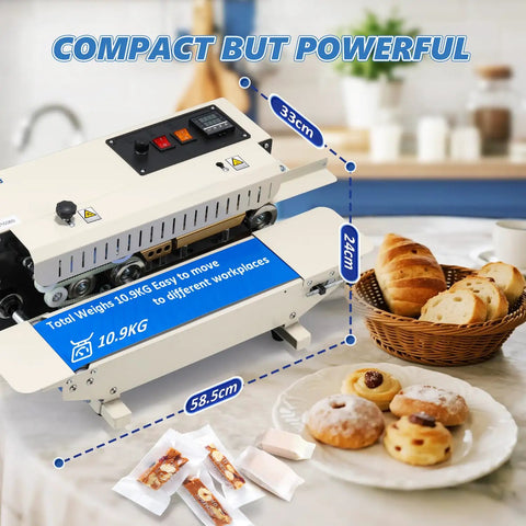Heavy Duty Pro Grade Industrial Heat Sealer Machine With Digital Temperature Control next to a basket of pastries on kitchen counter