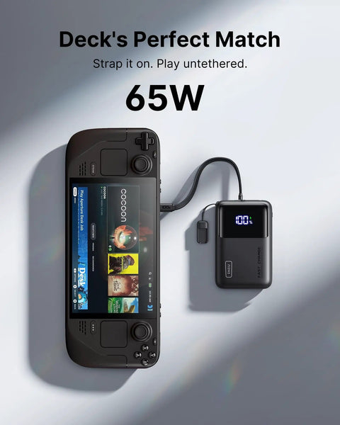 Ultra Compact Wallet Sized Laptop Power Bank Featuring Hella Fast 65W Triple Port Charging And Massive 20000mAh Built In Battery For Flawless Setup Wherever You Head next to a gaming device.