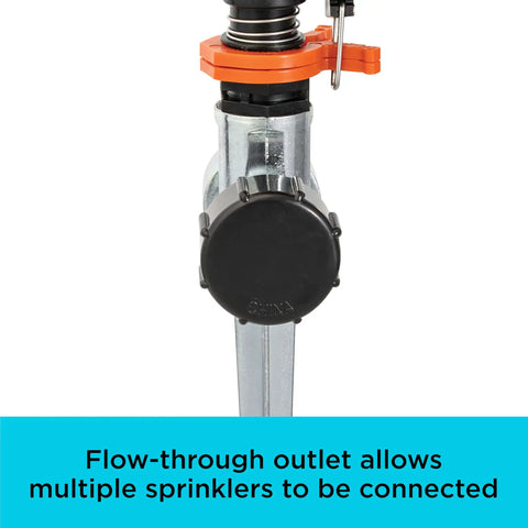 Close-up of Impulse Sprinkler With Stable Zinc Spike for Big Lawns Up To 5027 Sq Ft, flow-through outlet detail.