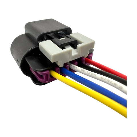 Close-up view of a Five Way MAF Sensor Connector Pigtail For Chevy Silverado Sierra Hybrid Tahoe Suburban Yukon Express Savana HHR Cobalt Colorado Canyon 2004 2012 6.0L V8 LQ4 LFA Compatible OE Style Replacement showing colored wires and connector.