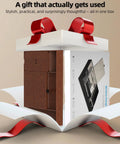 Leather Wireless Charging Valet Tray for Men packaged gift box with red ribbon, showing brown vegan leather finish