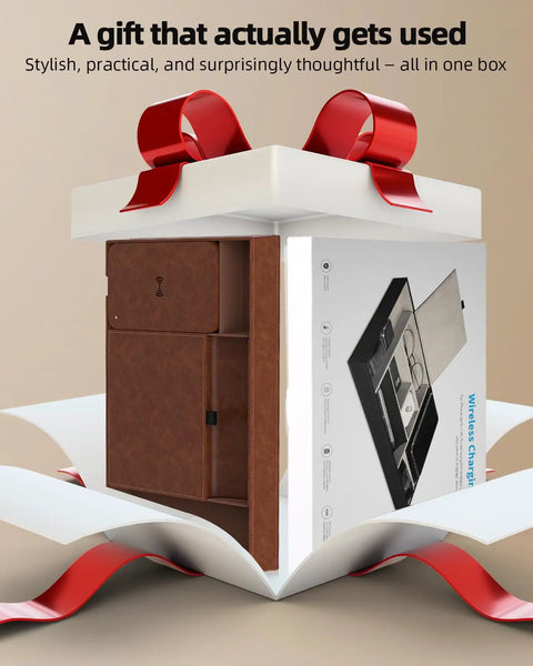 Leather Wireless Charging Valet Tray for Men packaged gift box with red ribbon, showing brown vegan leather finish