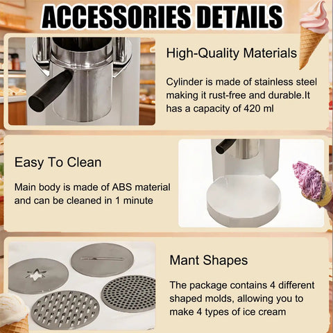 Cool Dessert Machine And Noodle Maker With 4 Stainless Steel Molds, 420Ml Hopper, detailed accessories and materials for easy cleaning.