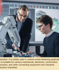 Two engineers discussing mechanical equipment in a tech lab, examining a robotic arm, relevance to External Tooth Washers Set M6 304 Stainless Steel External Serrated Washers For Mechanical Equipment Fasteners, 60 Pieces, Beefy Silver Finish, High Strength, Corrosion Resistant, Smooth Bright Look.