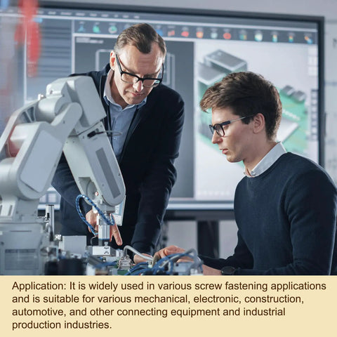 Two engineers discussing mechanical equipment in a tech lab, examining a robotic arm, relevance to External Tooth Washers Set M6 304 Stainless Steel External Serrated Washers For Mechanical Equipment Fasteners, 60 Pieces, Beefy Silver Finish, High Strength, Corrosion Resistant, Smooth Bright Look.