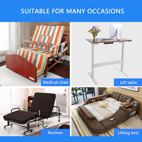 Heavy Lift Linear Actuator Electric Lifter Built Tough With Rock Solid Thrust Rating And IP65 Rated Waterproof Aluminum Telescopic Push Rod shown in various uses like a medical chair and lift table.