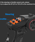 Close-up of 4 Channel 2.4G RC Transmitter With Receiver Lanyard Anti Jamming Remote Controller for 1/10-1/24 scale models, showing steering and throttle controls.