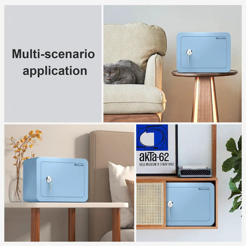 Kid Safe Mini Safe Box With Key Lock, steel money box safe in blue, displayed in various home settings for cash and valuables storage.
